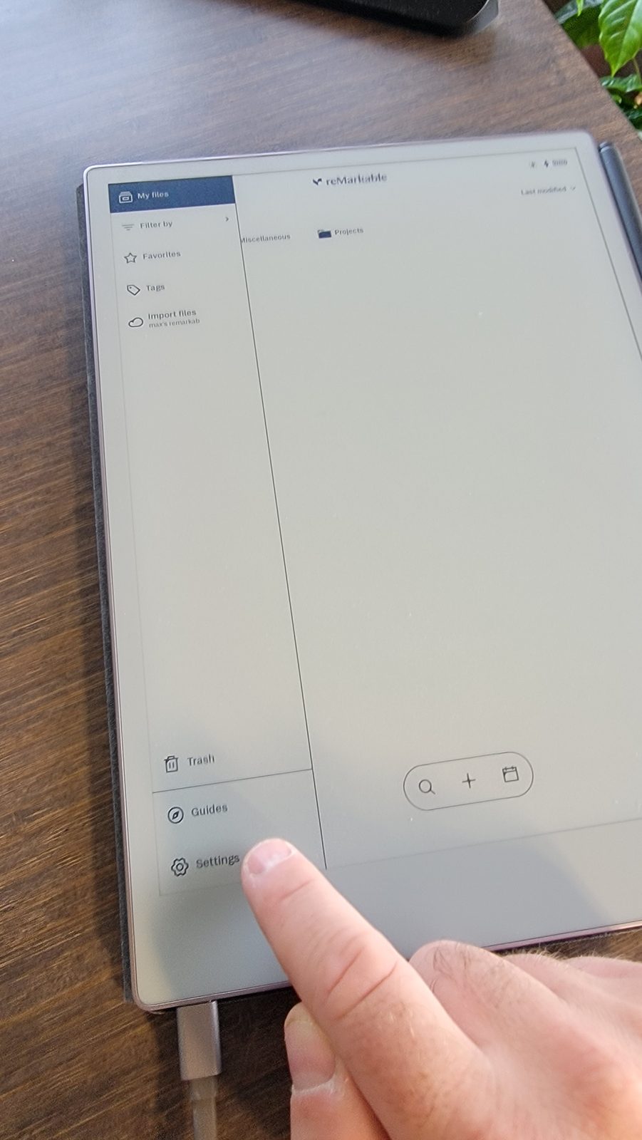 Opening Settings from the reMarkable home screen