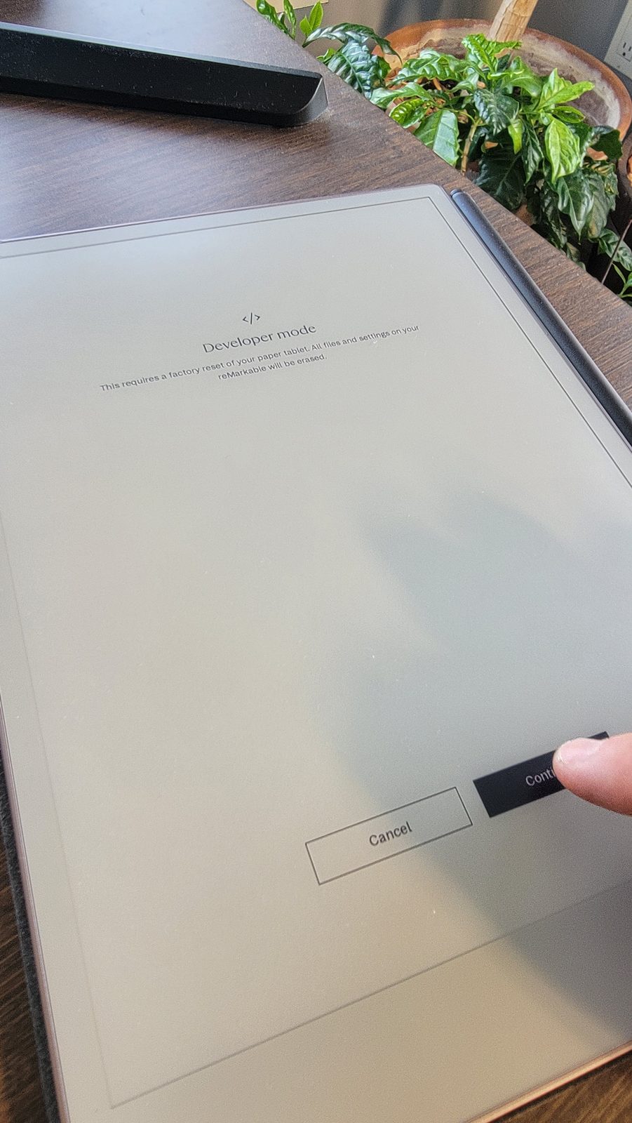 The factory reset warning shown before enabling developer mode