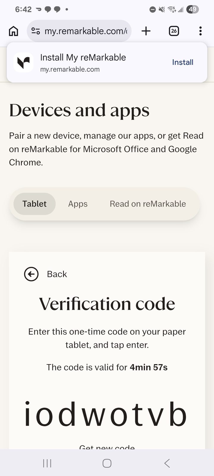 The one-time reMarkable account pairing code