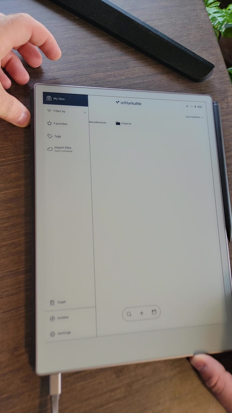 The reMarkable home screen after developer mode setup